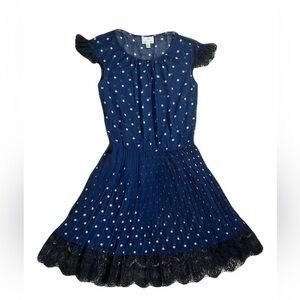 Donna Morgan Transparent Navy Blue Polka Dot Dress with Black Lace Trim